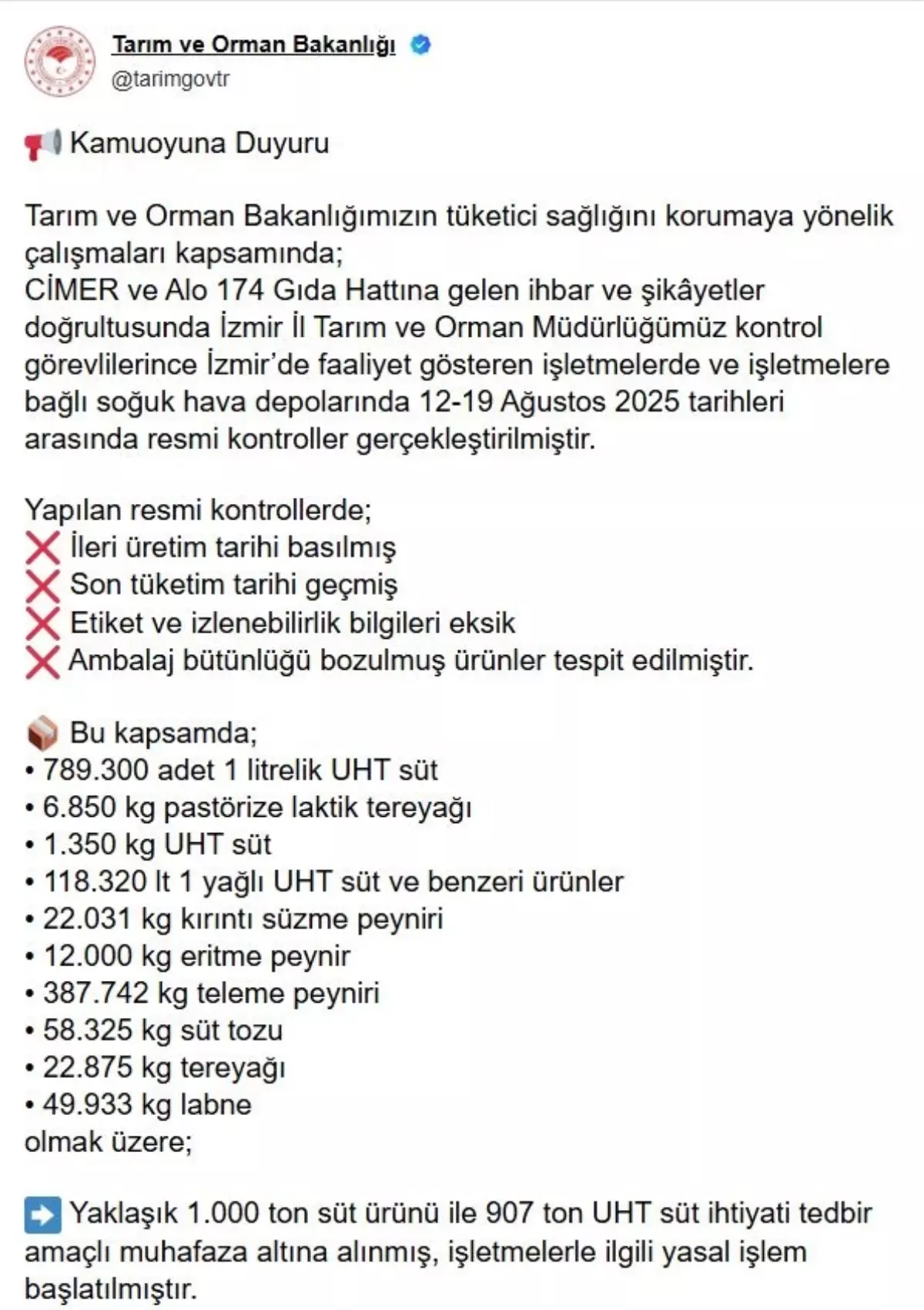 İzmir’de Bin Ton Süt Ürünü Denetim Sonucu Toplandı