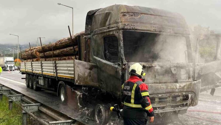 Otoyolda Tomruk Yüklü Tır Alev Alev Yandı!